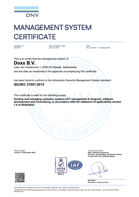 Certificate ISO 27001 in English