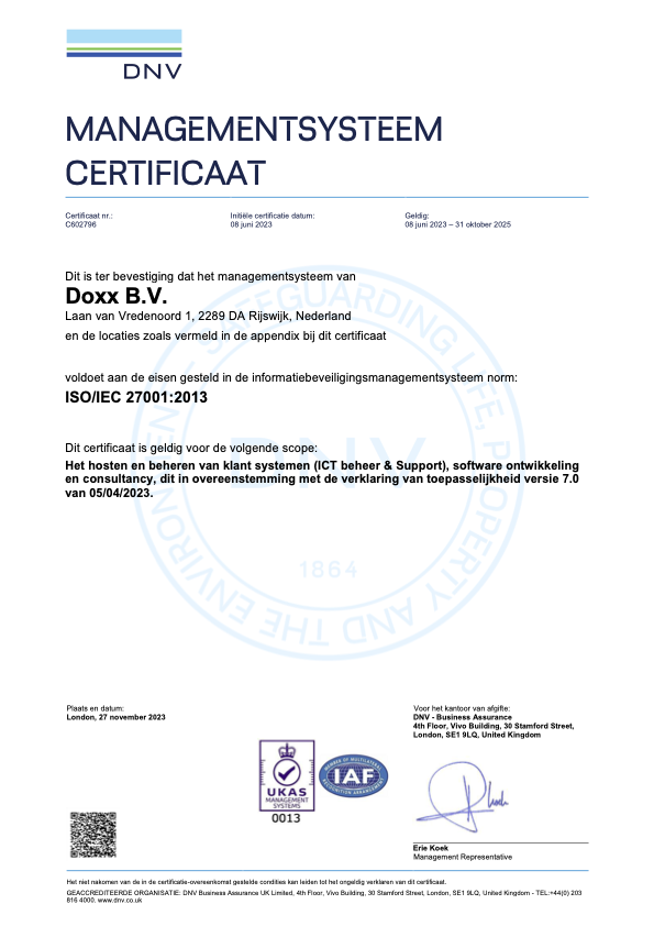 Certificate ISO 27001 in Nederlands